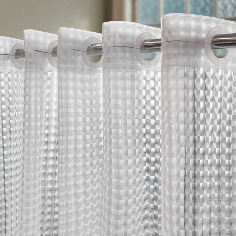 ABLUEN No Hook Shower Curtain or Liner - 8G Heavy Duty Grid Bathroom Shower Curtain No Hooks Required, Waterproof Plastic & PVC Free, Standard Size 71 x 74, Square - Image 1